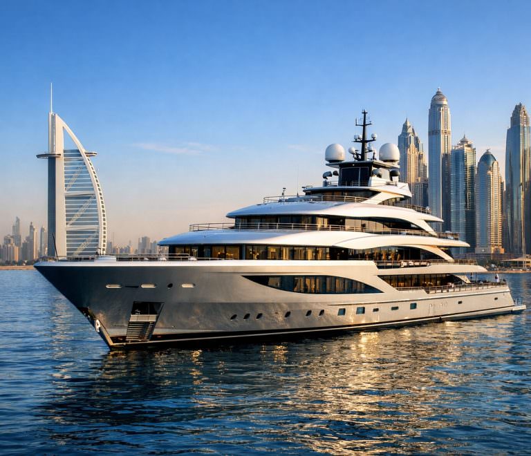 Luxury yacht charter Dubai skyline Burj Al Arab superyacht experience