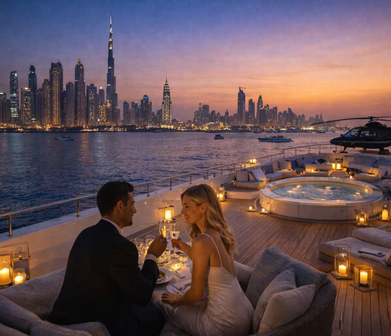 Luxury Dubai Superyacht Charter Experience with luxury VIP experience at Palm Jumeirah