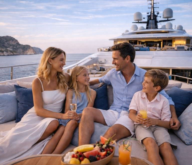 Private luxury yacht charter for families enjoying VIP holiday at sea