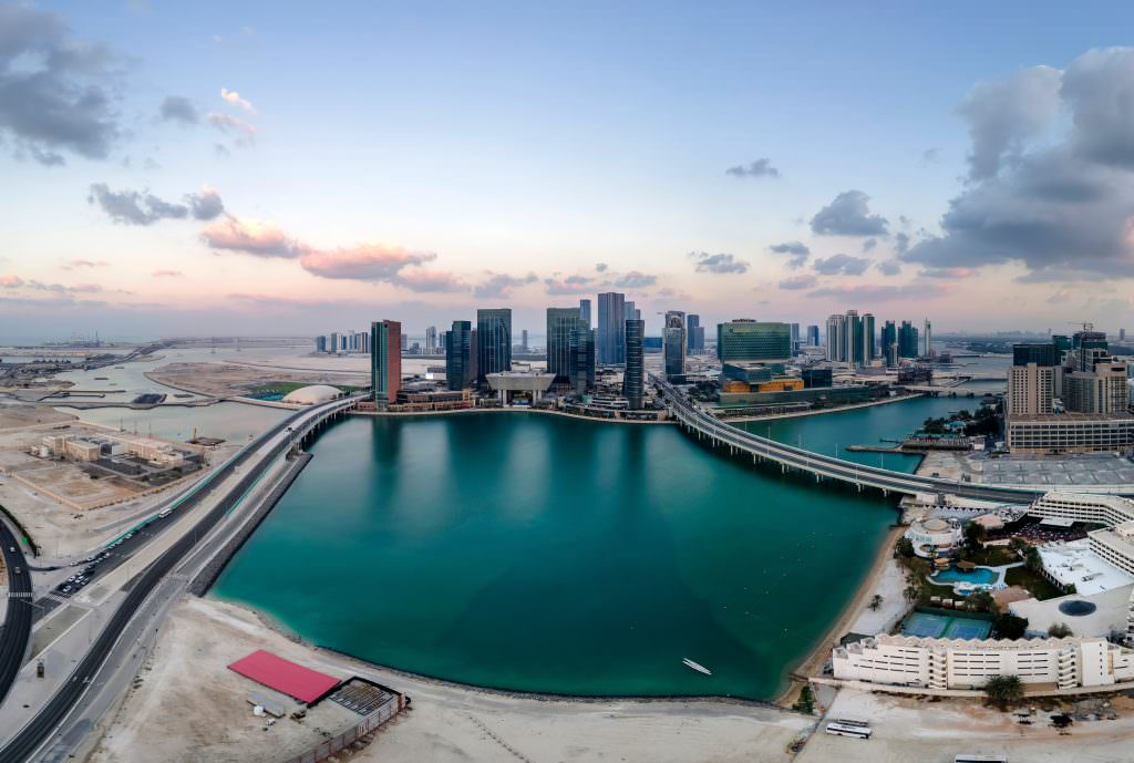 Luxury Abu Dhabi yacht charter Al Maryah Island aerial sunset view with waterfront skyline and bridges