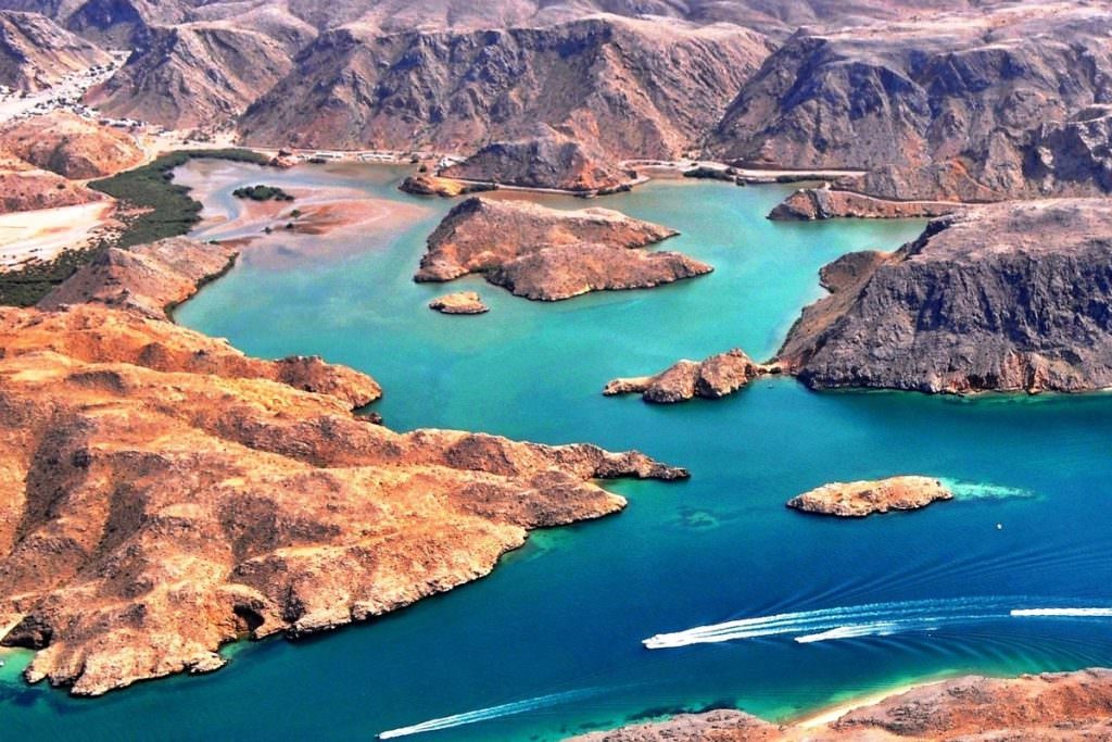 Bandar Khayran yacht charter in Oman with aerial coastal lagoon view
