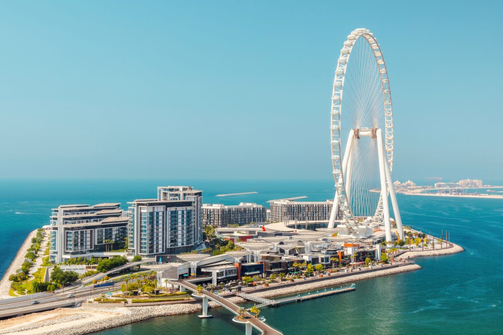 Dubai Ain Dubai skyline and Bluewaters Island aerial view