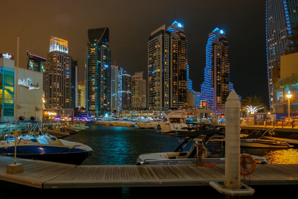 Dubai Harbour yacht charter Dubai Marina night yacht harbour skyline UAE