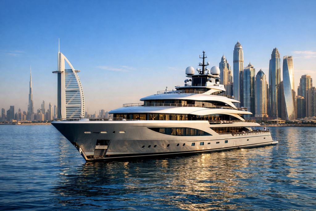 Luxury Dubai Yacht Charter mega yacht cruising in Dubai marina with city skyline