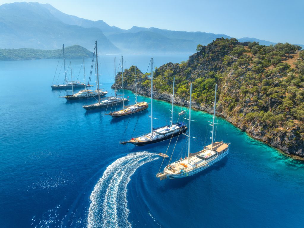 Bedri Rahmi bay yachts anchored in Bedri Rahmi turquoise bay Turkey