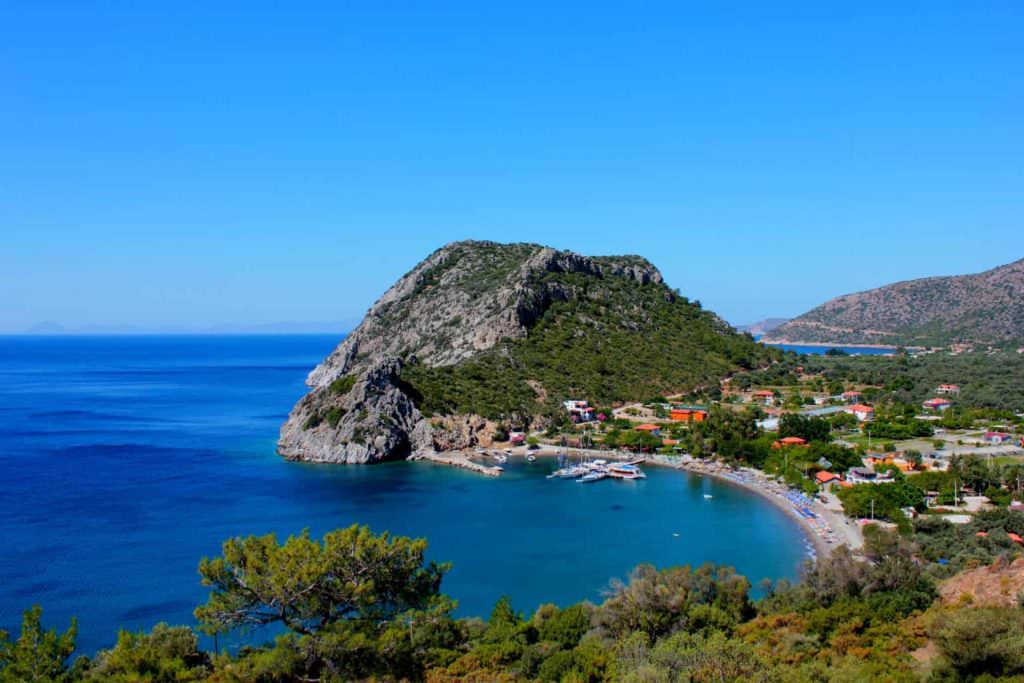 Luxury hayitbuku yacht charter at aerial view of Hayitbuku Bay turquoise coast Turkey