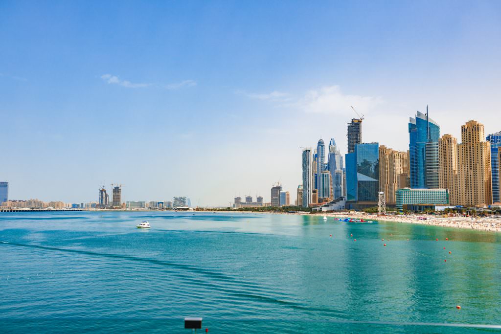 JBR yacht charter Dubai yacht charter JBR skyline Jumeirah Beach coast view UAE