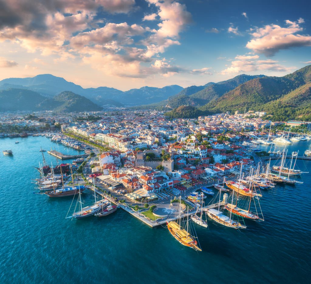 Marmaris to Bodrum yacht charter itinerary Turkey turquoise coast hidden bay aerial view luxury yachts