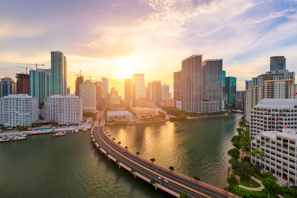 Miami yacht charter skyline sunset view Florida USA
