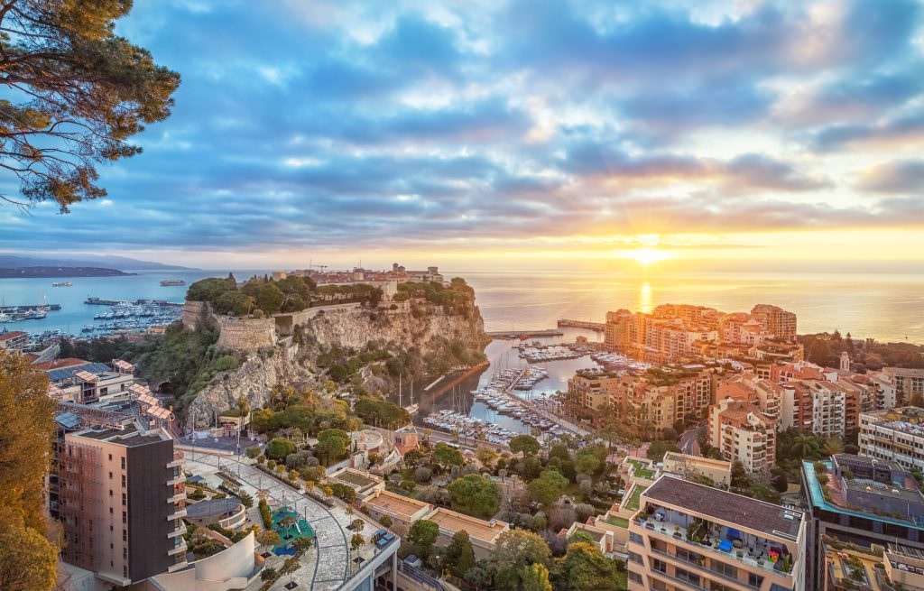 Luxury Monaco yacht charter at Fontvieille Harbor marina with panoramic view