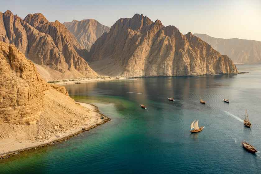 yacht charter in Musandam yacht charter in Oman with fjords and mountain coastline view