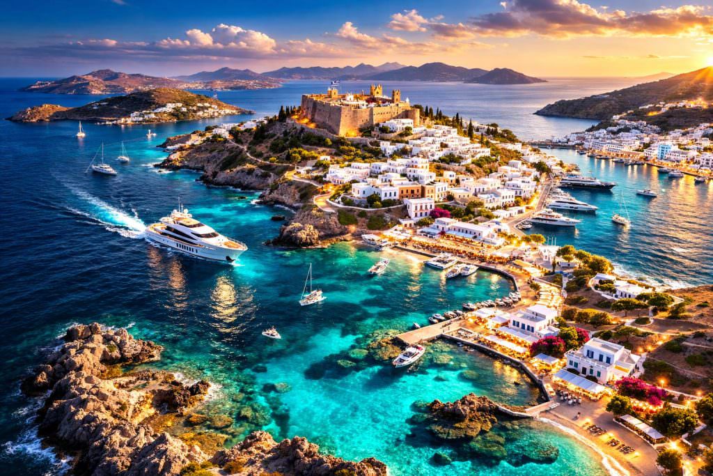 Patmos yacht charter Patmos island monastery overlooking Skala harbour and Aegean Sea Greece