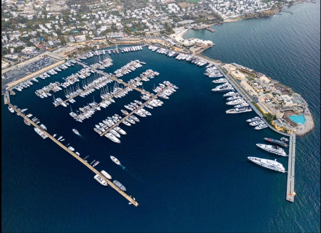 Yalikavak Marina aerial view with luxury yachts Bodrum Turkey
