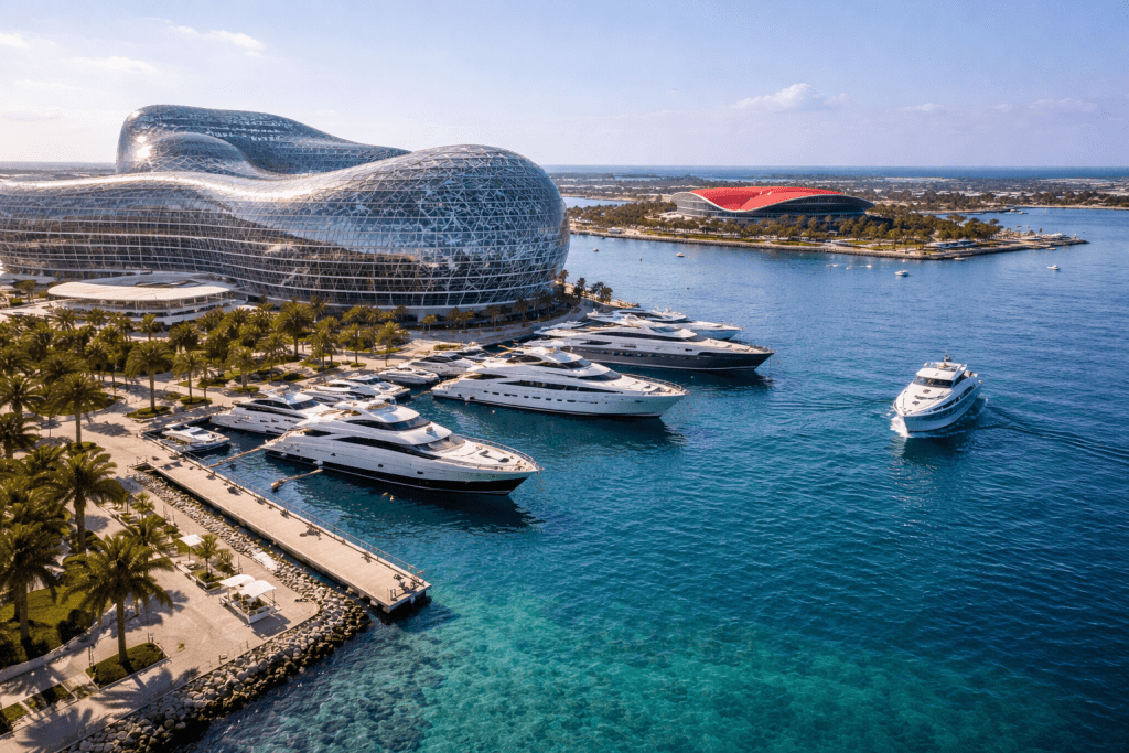 Yas Island yacht charter in Abu Dhabi with marina and aerial coastal view