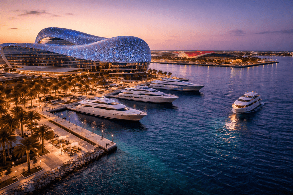 Yas Island yacht charter marina with superyachts and luxury hotel Abu Dhabi