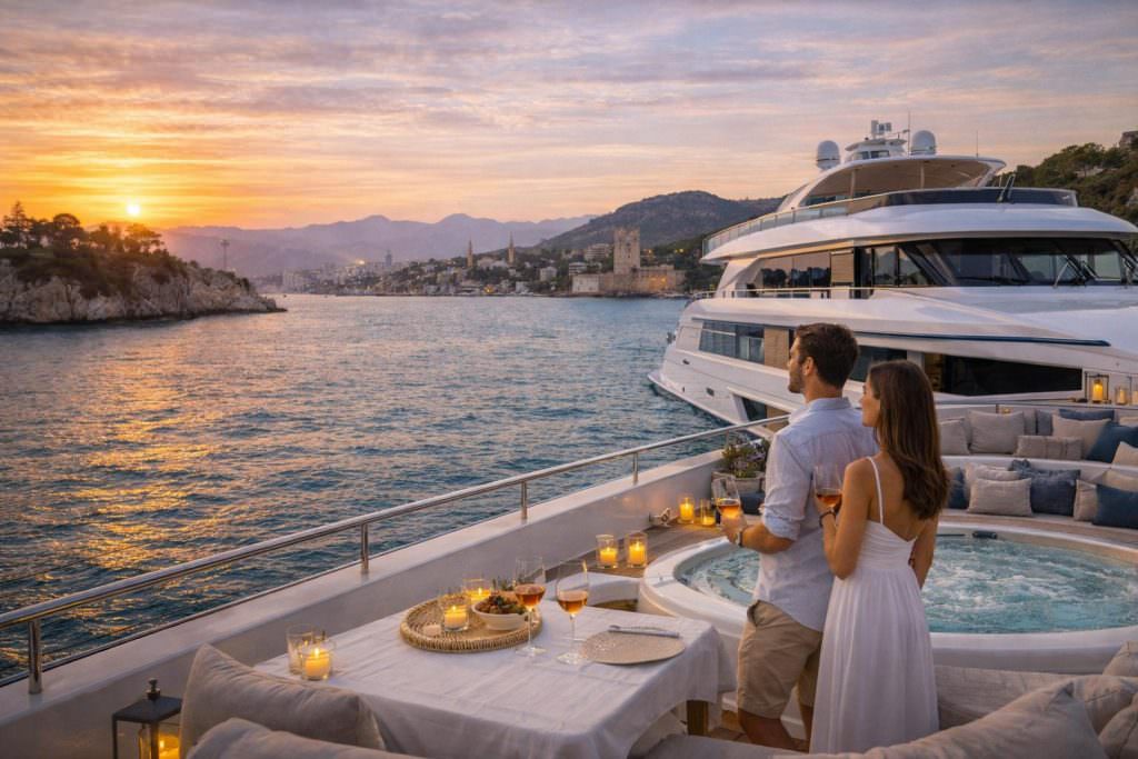 antalya luxury yacht charter sunset coast view motor yacht jacuzzi turkey
