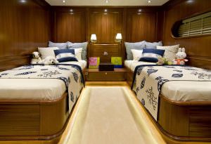 Clear Eyes gulet twin cabin interior, luxury yacht guest room with two single beds, elegant wooden design and comfortable layout ideal for families or guests