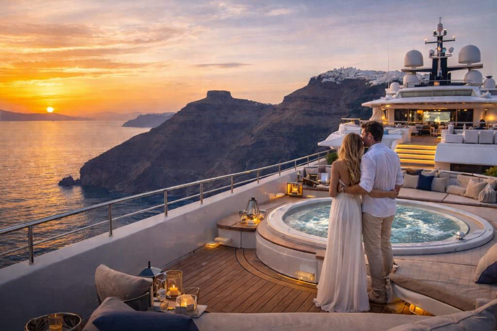 santorini yacht charter luxury motor yacht sunset caldera jacuzzi greece