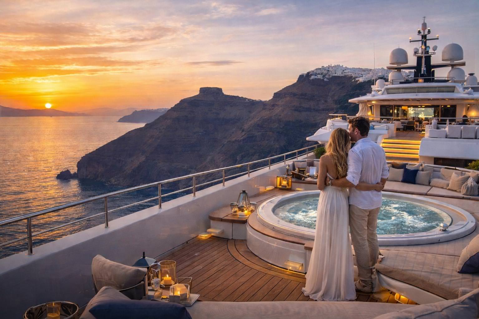 Greece yacht charter guide luxury motor yacht sunset couple jacuzzi sea view