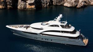 Luxury yacht LA PASSION aerial view cruising along Mediterranean rocky coastline