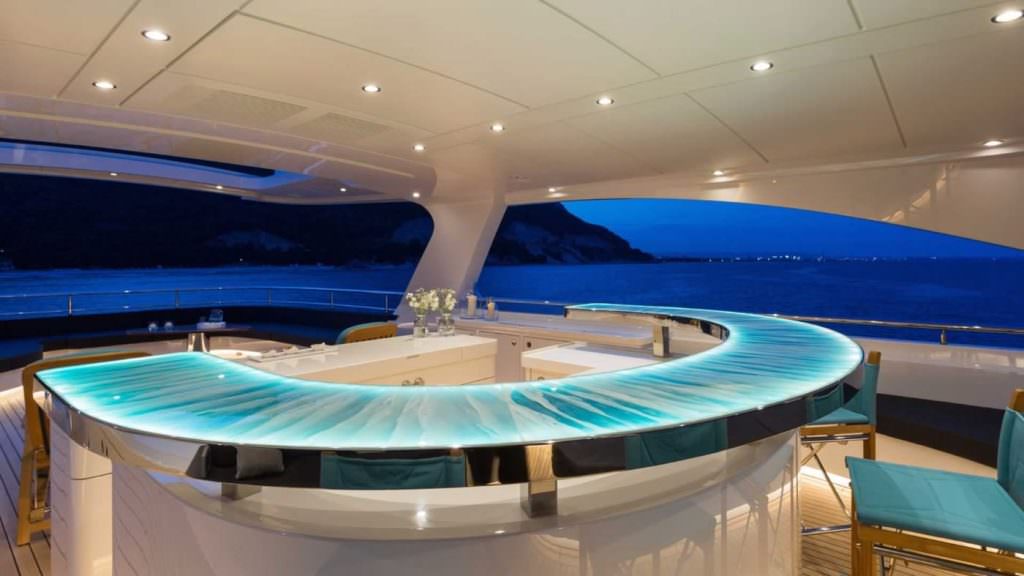 Luxury yacht LA PASSION night bar with LED lighting sea view evening experience