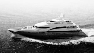 Luxury superyacht LA PASSION side profile cruising Mediterranean sea black white