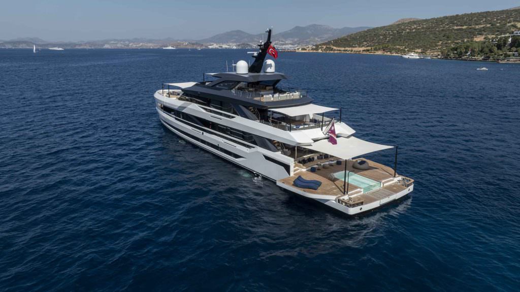 Aerial view of Legasea luxury yacht aft deck layout and spacious outdoor living area, premium yacht charter experience