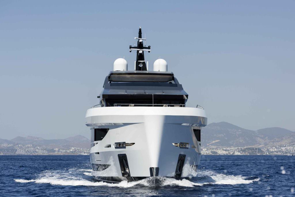 Legasea superyacht front view cruising on open sea, ultra luxury yacht charter experience