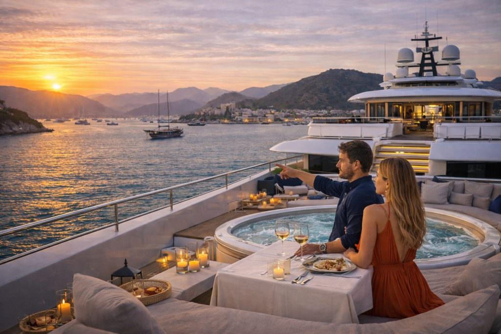 marmaris yacht charter sunset marina view motor yacht jacuzzi turkey
