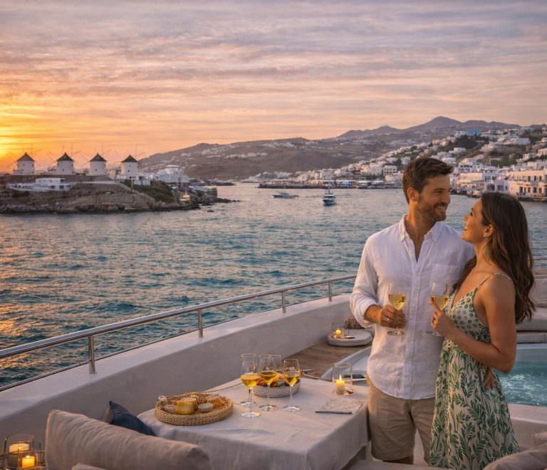 Mykonos yacht charter guide luxury motor yacht sunset couple enjoying drinks with windmills view