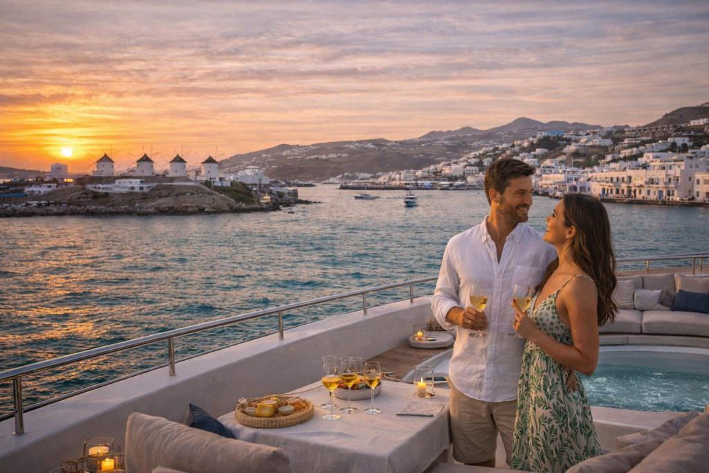 mykonos yacht charter sunset couple view motor yacht greece