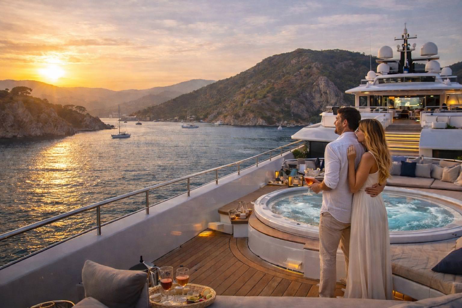 Turkey yacht charter guide luxury motor yacht sunset couple jacuzzi sea view
