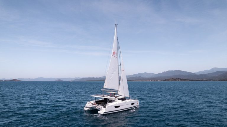 Portofino catamaran charter yacht side profile view